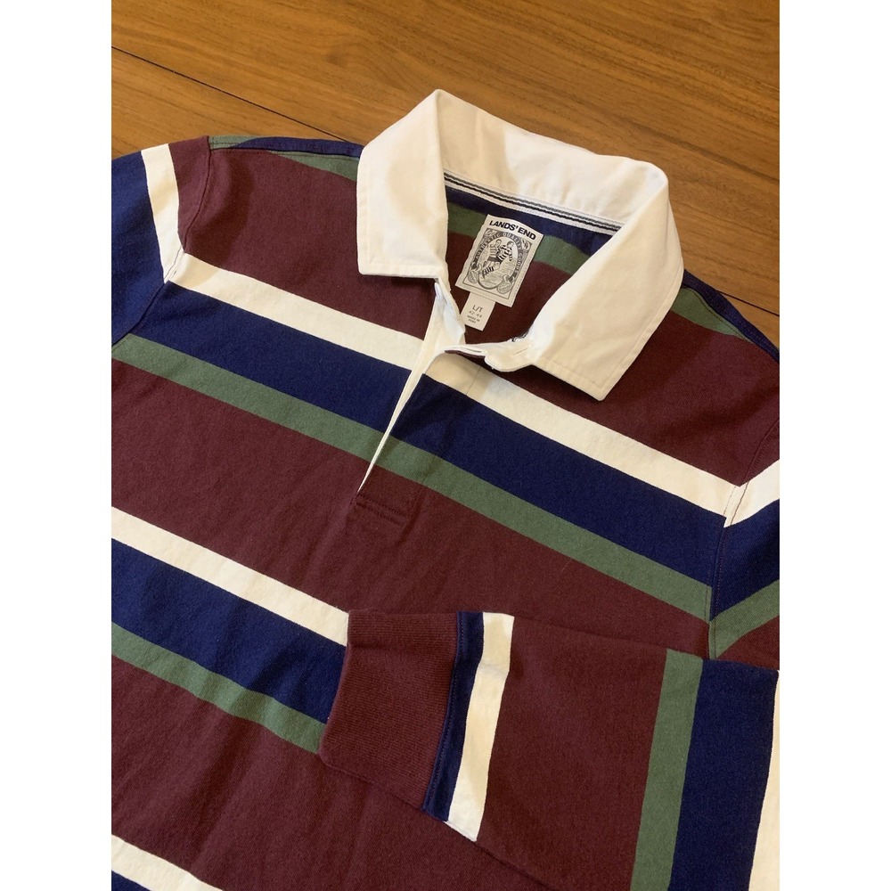 Lands End Rugby Polo Shirt Mens L Tall VTG Color Block Striped Long Sleeve